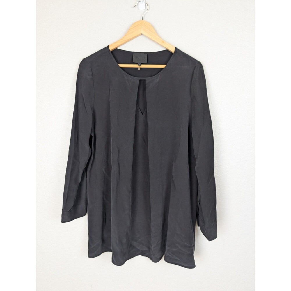 QUINN Women's Stone Washed L Black Silk Long Sleeve‎ Shirt Tunic Top Blouse 194